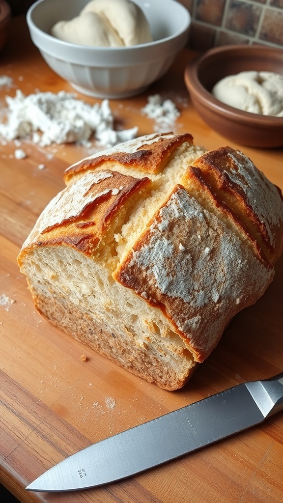 A freshly baked crusty loaf of bread in a Dutch oven, golden crust on a wooden board.
